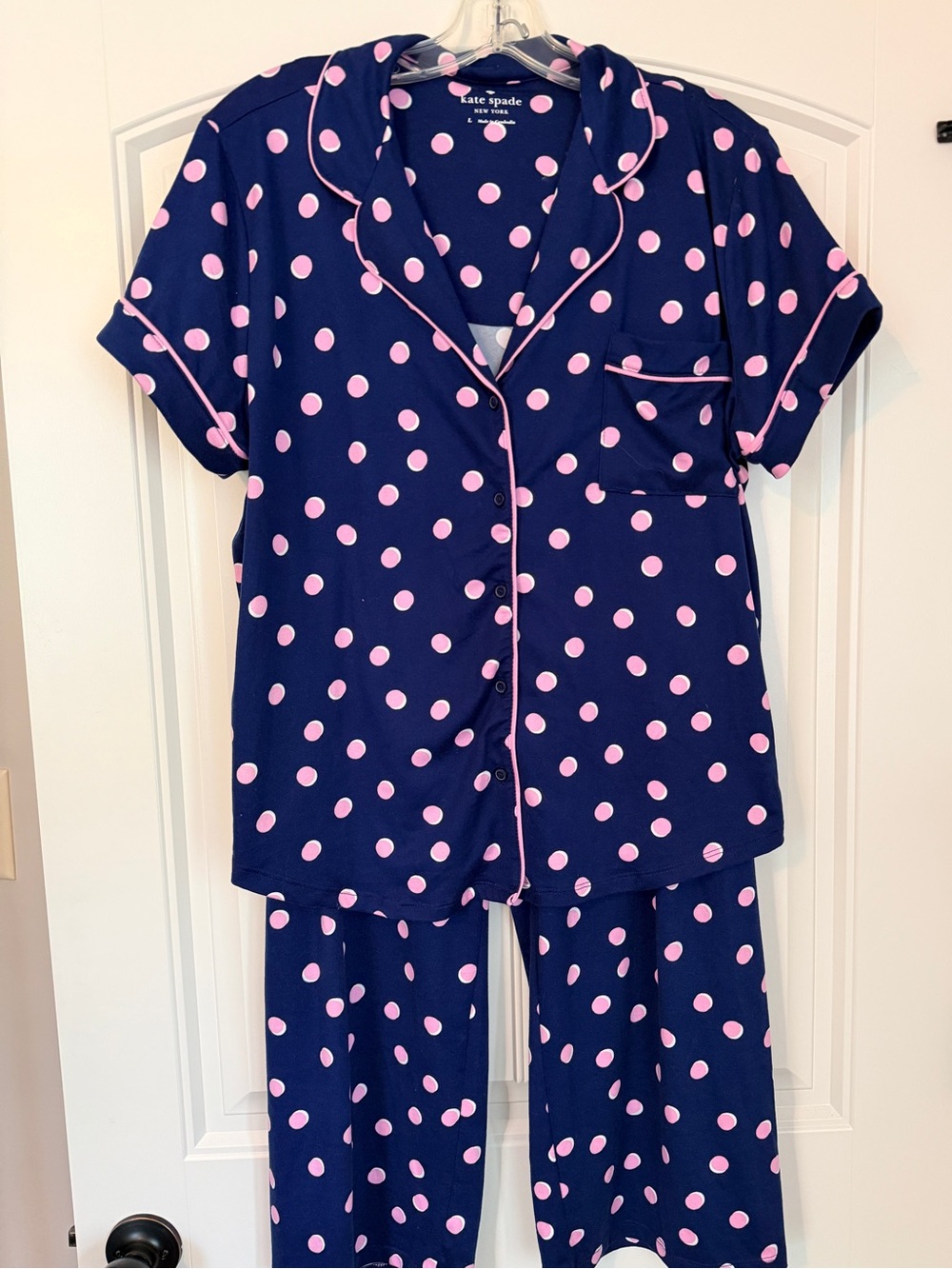 kate spade navy pajama set with pink polka dots